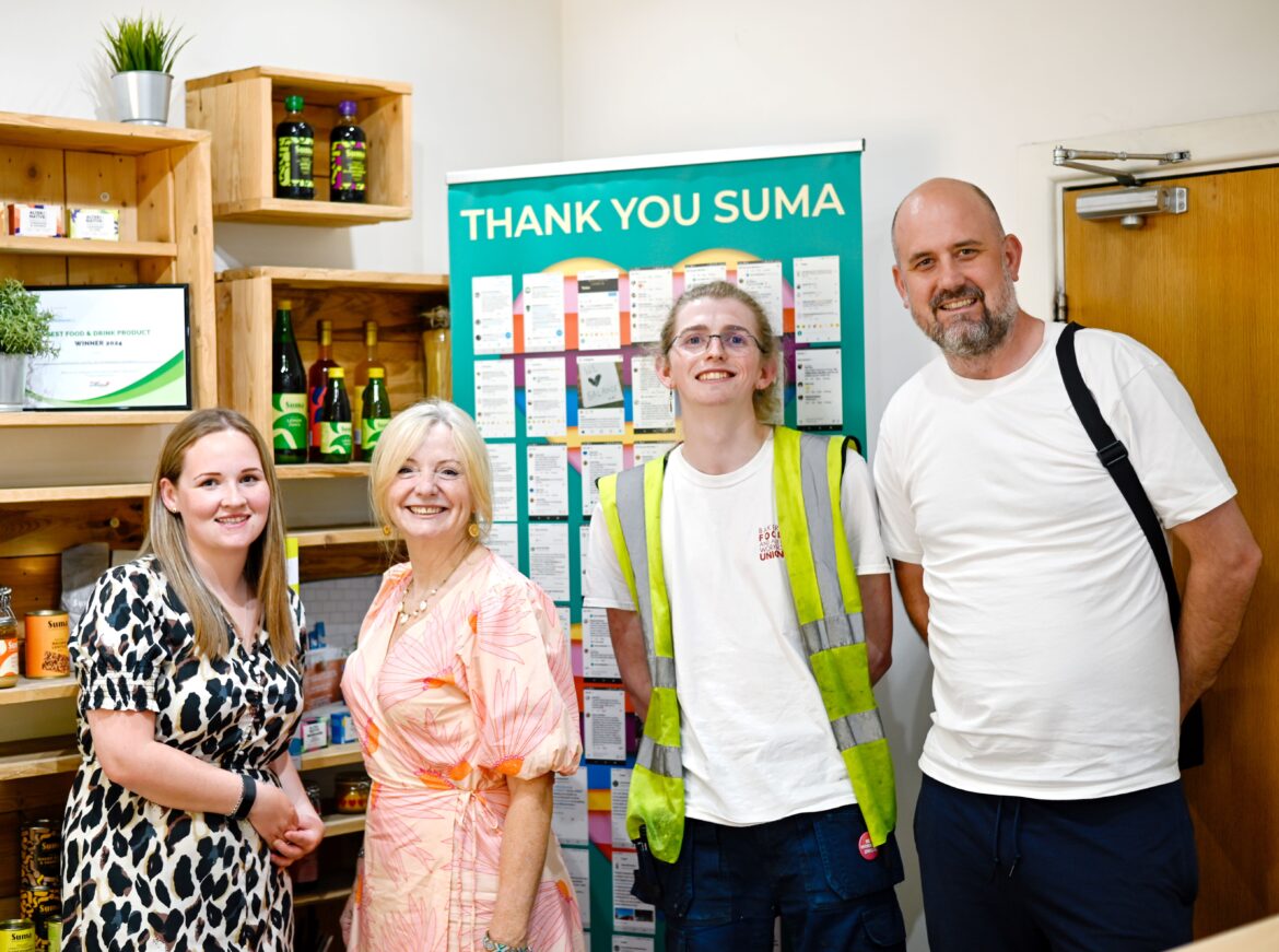 Mayor Tracy Brabin and Suma Members L-R Sheree Hatton, Commerce Manager, Christopher Roseby-Bunce and Oliver Berryman, Board Member – resize
